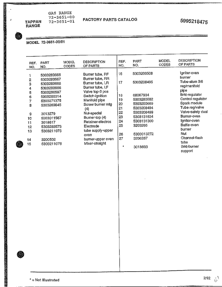 Gas Range Page 7 Diagram and Parts List for 72-3651-00  Tappan Range