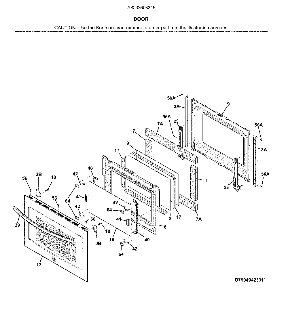 Door Diagram and Parts List for 79032603319  Kenmore Range
