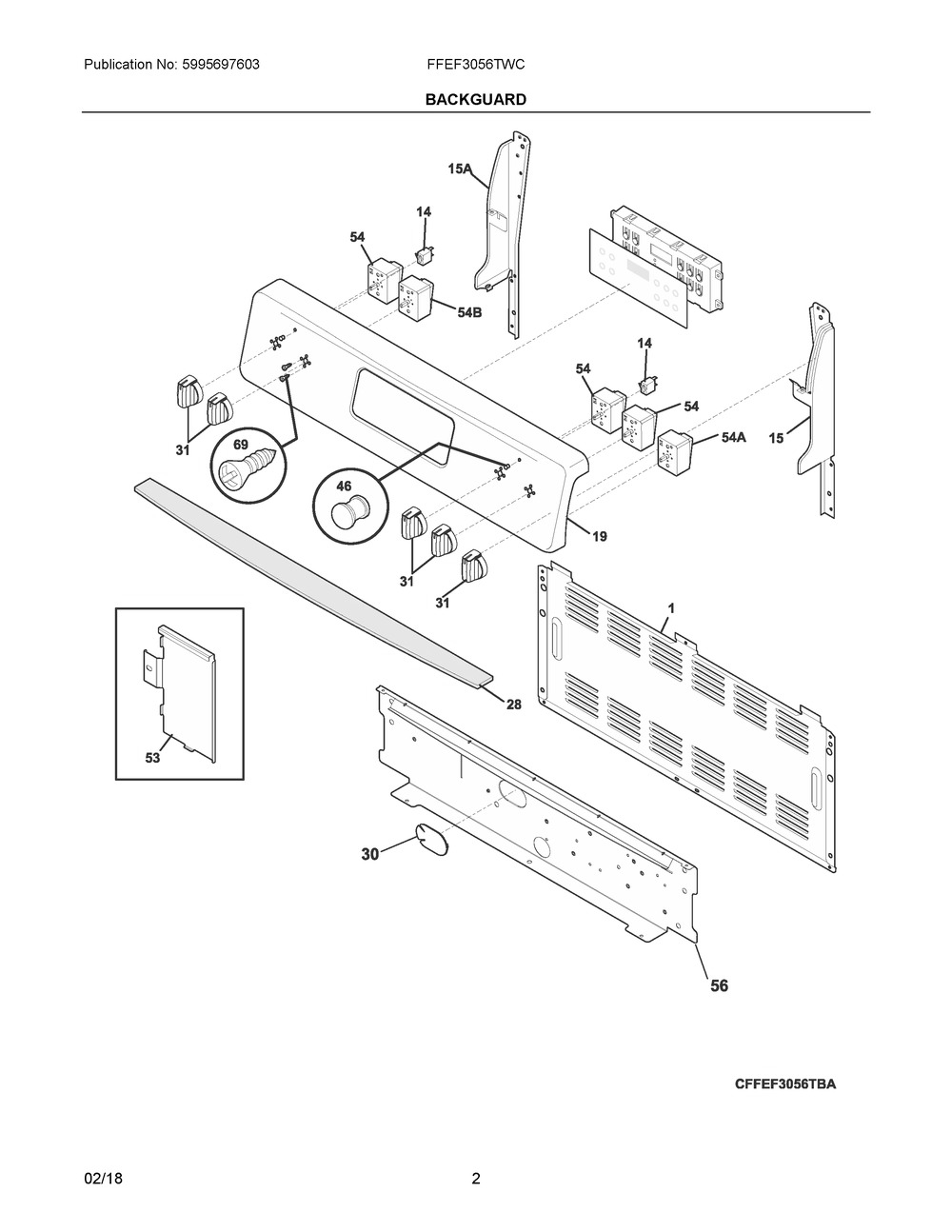 Backguard Diagram and Parts List for FFEF3056TWC  Frigidaire Range