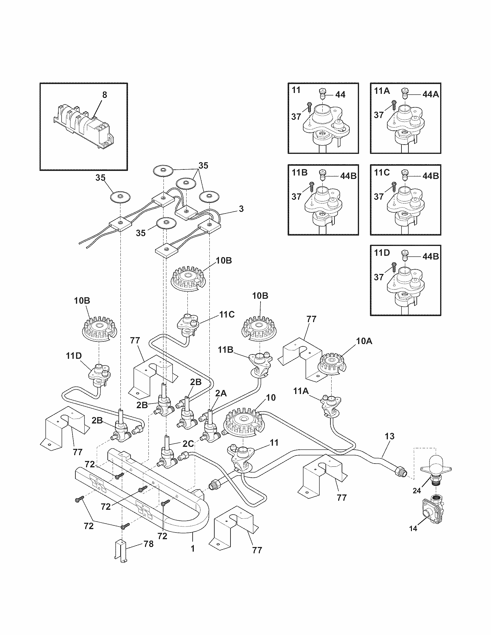 Burner Diagram and Parts List for 79032433900  Kenmore Cooktop