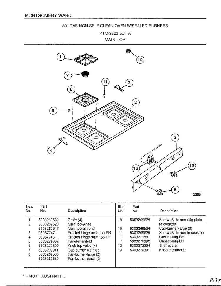 Main Top Diagram and Parts List for 2822A  Frigidaire Range