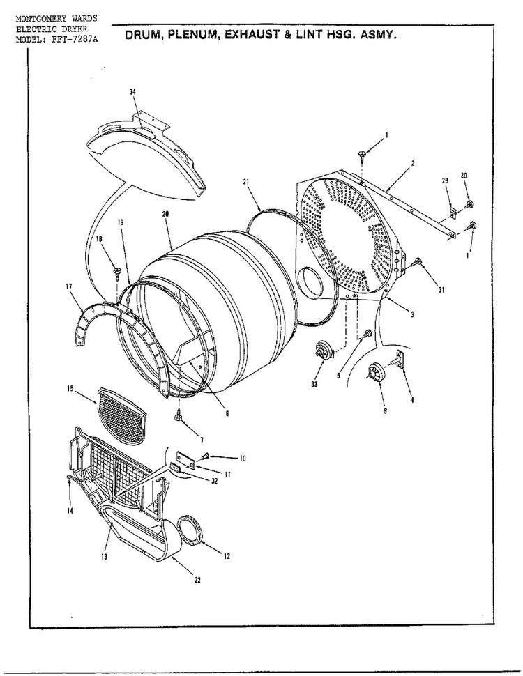 Drum/plenum/exhaust/lint Hsg. Assy Diagram and Parts List for 7287A  Frigidaire Dryer