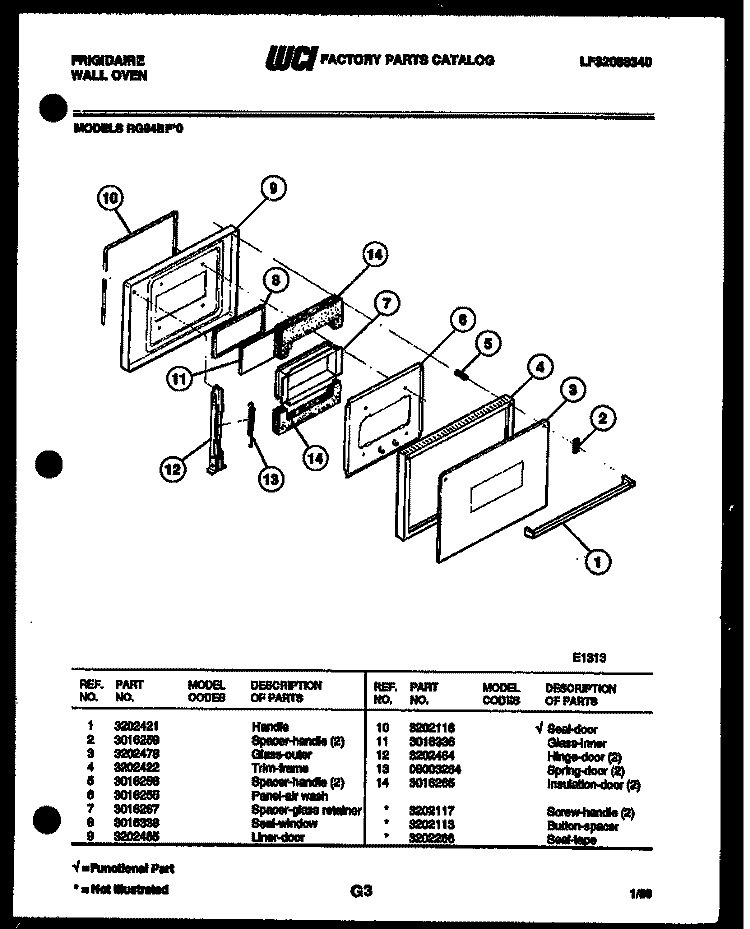 DOOR PARTS Diagram and Parts List for RG94BFB0  Frigidaire Wall Oven