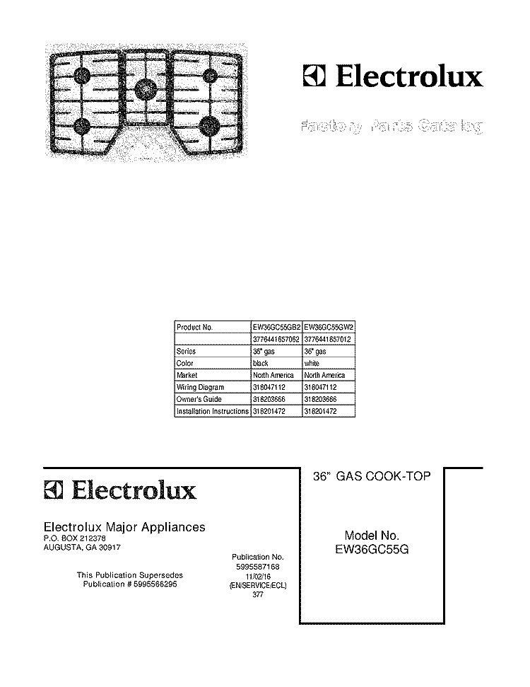 COVER Diagram and Parts List for EW36GC55GW2  Electrolux Cooktop