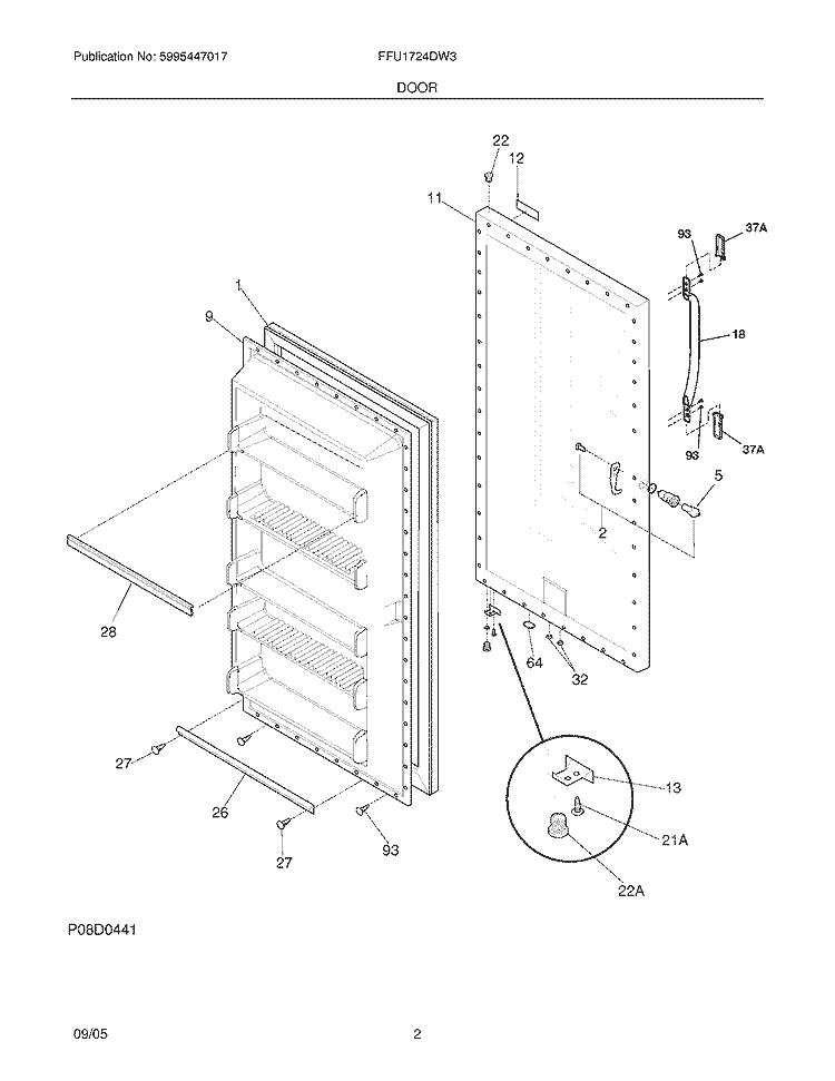 DOOR Diagram and Parts List for FFU1724DW3  Frigidaire Freezer
