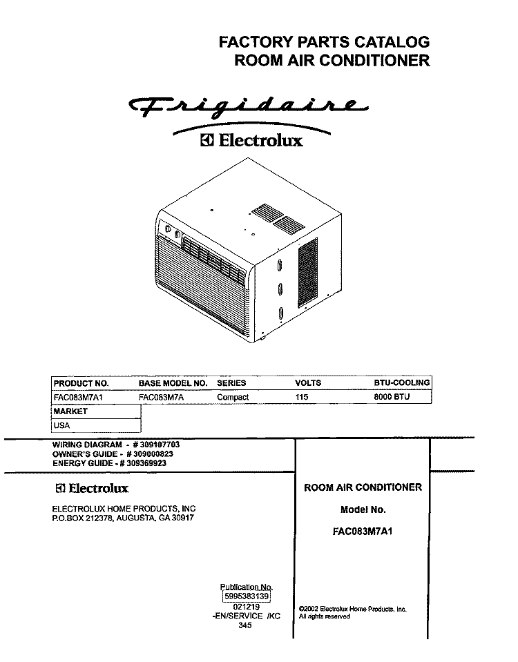 COVER Diagram and Parts List for FAC083M7A1  Frigidaire Air Conditioner