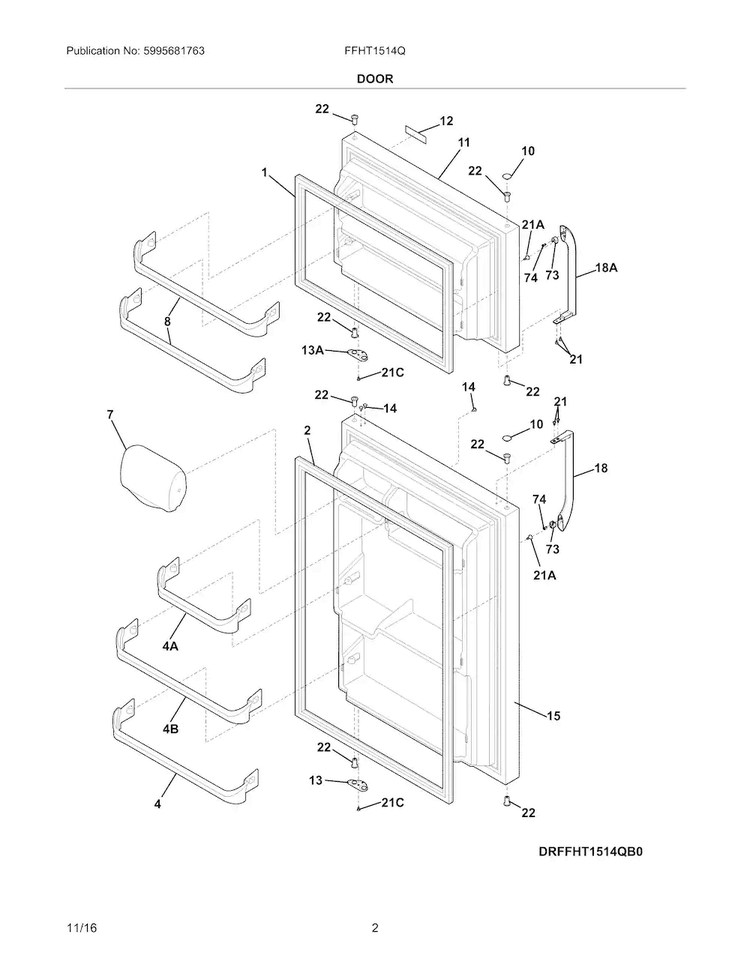 Door Diagram and Parts List for FFHT1514QW4  Frigidaire Refrigerator