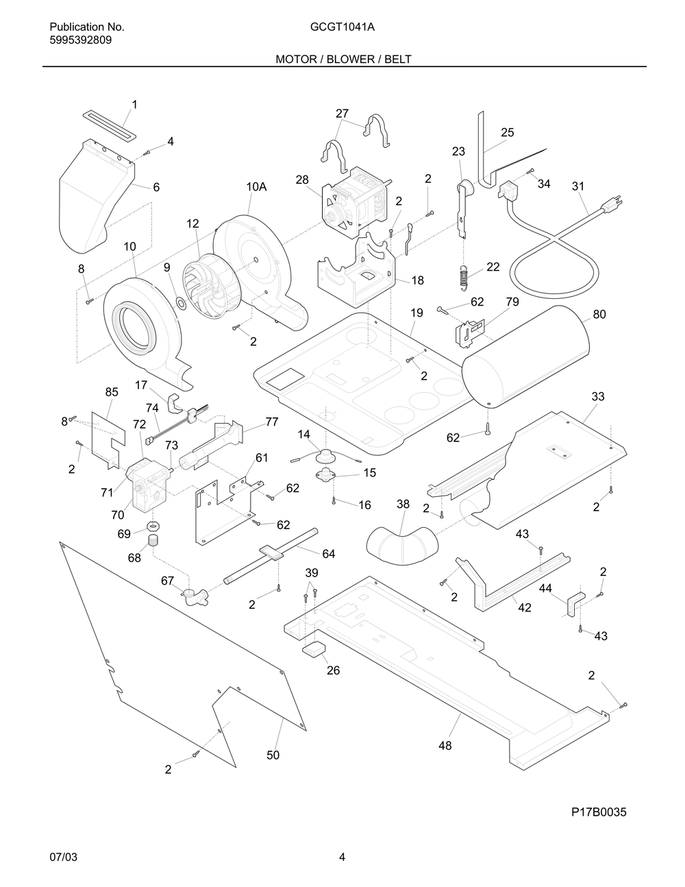 Motor / Blower / Belt Diagram and Parts List for GCGT1041A  Frigidaire Dryer