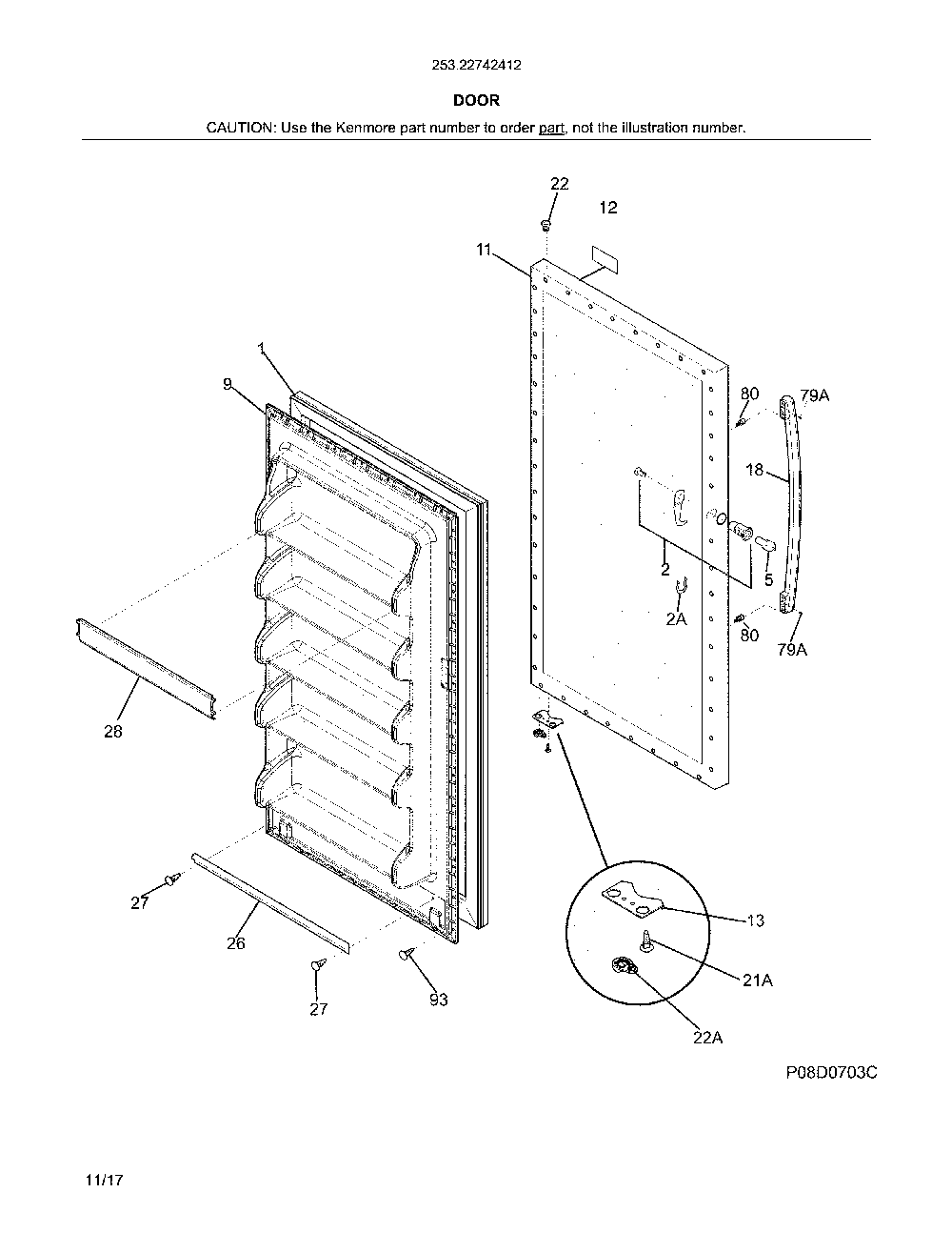 Door Diagram and Parts List for 25322742412  Kenmore Freezer