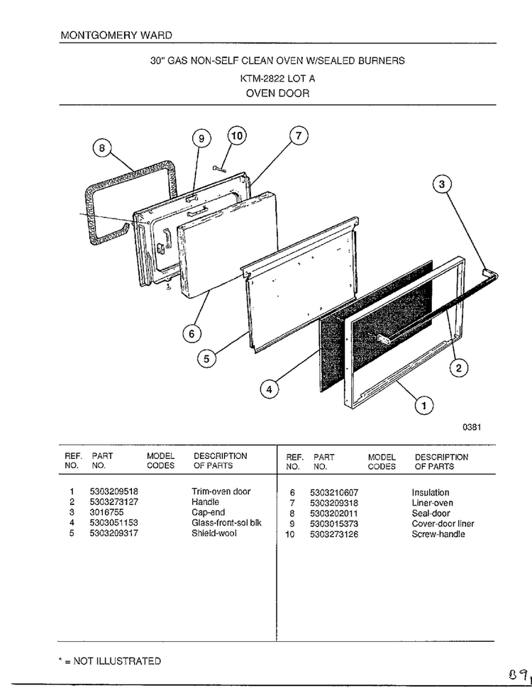 Oven Door Diagram and Parts List for 2822A  Frigidaire Range