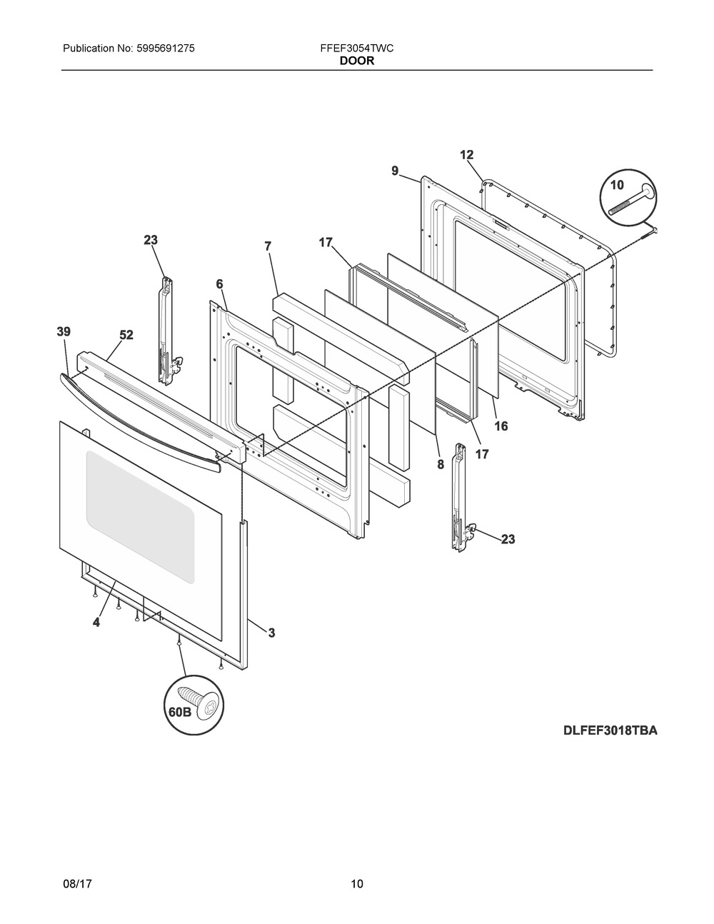 Door Diagram and Parts List for FFEF3054TWC  Frigidaire Range
