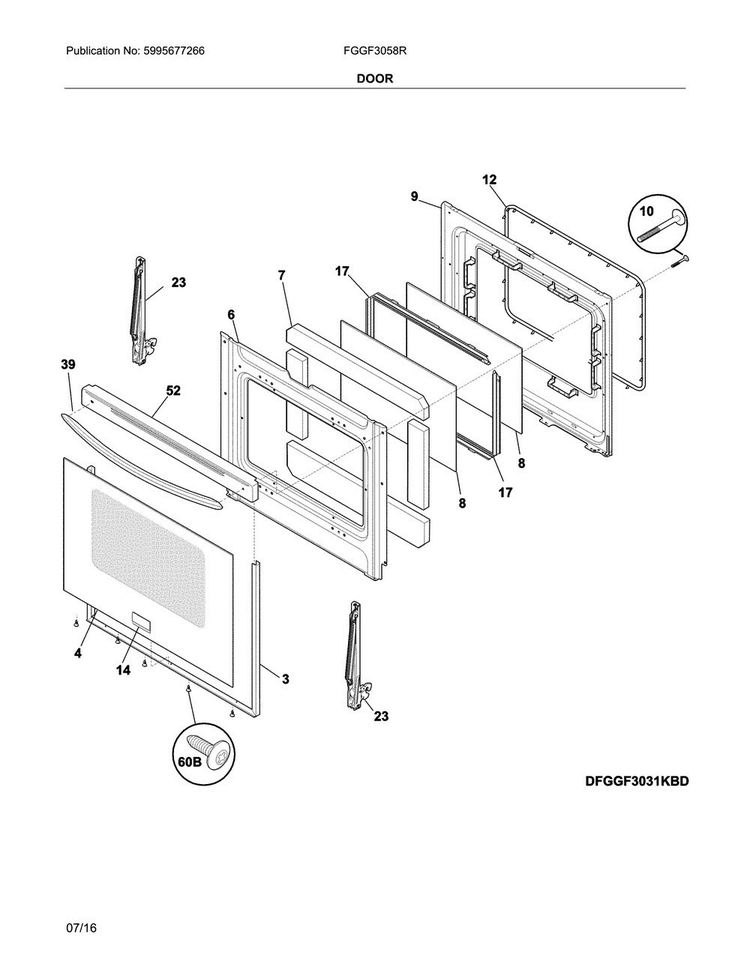 Door Diagram and Parts List for FGGF3058RWB  Frigidaire Range