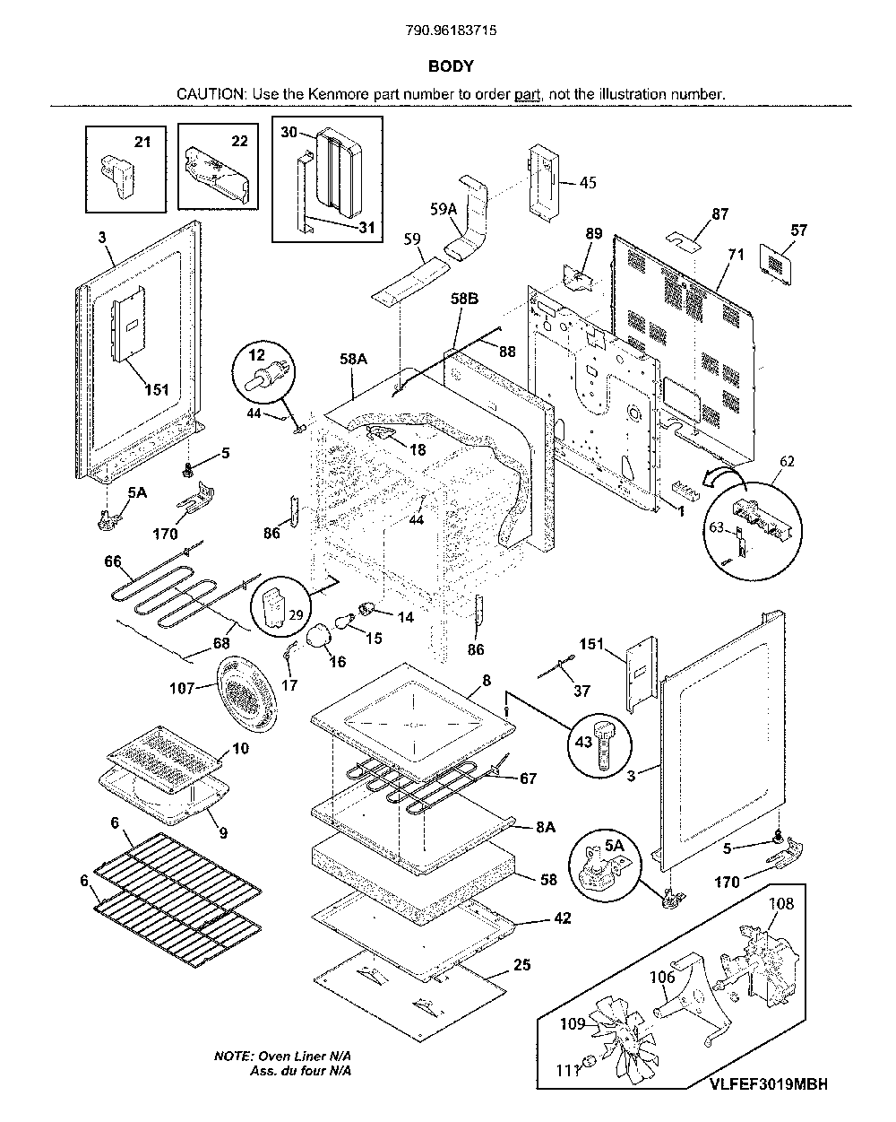 Body Diagram and Parts List for 79096183715  Kenmore Range