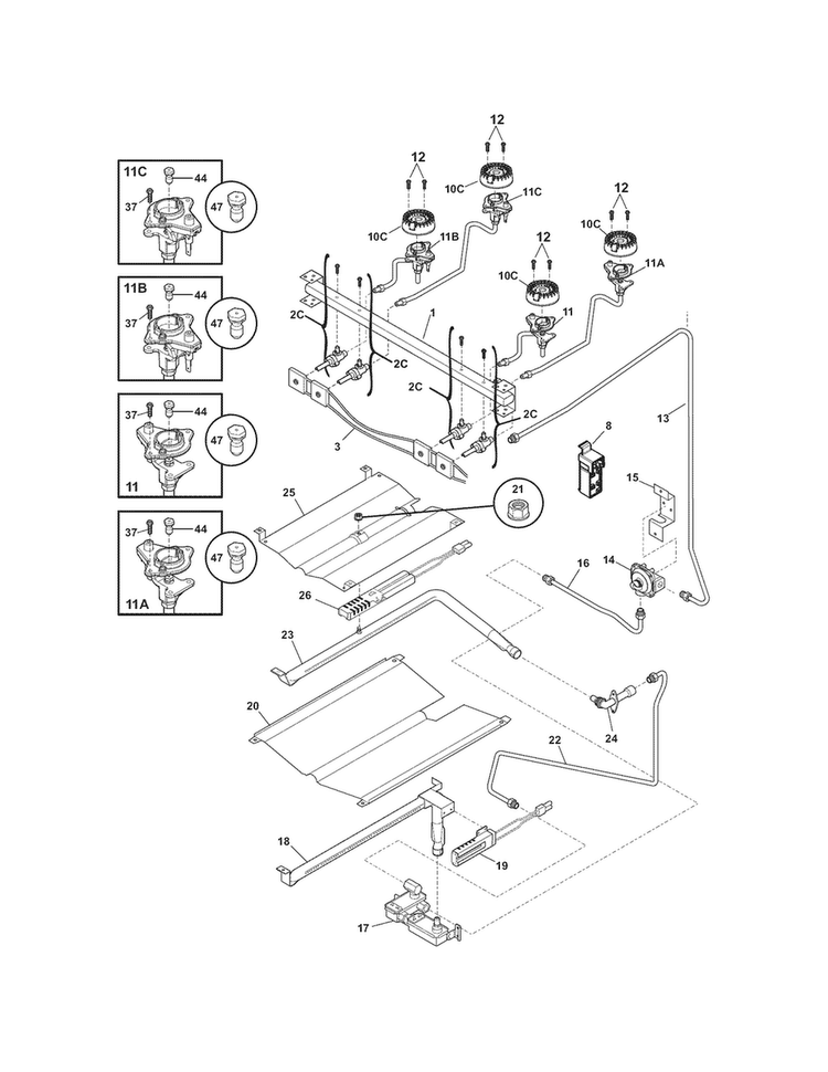 Burner Diagram and Parts List for FFGF3021LWD  Frigidaire Range