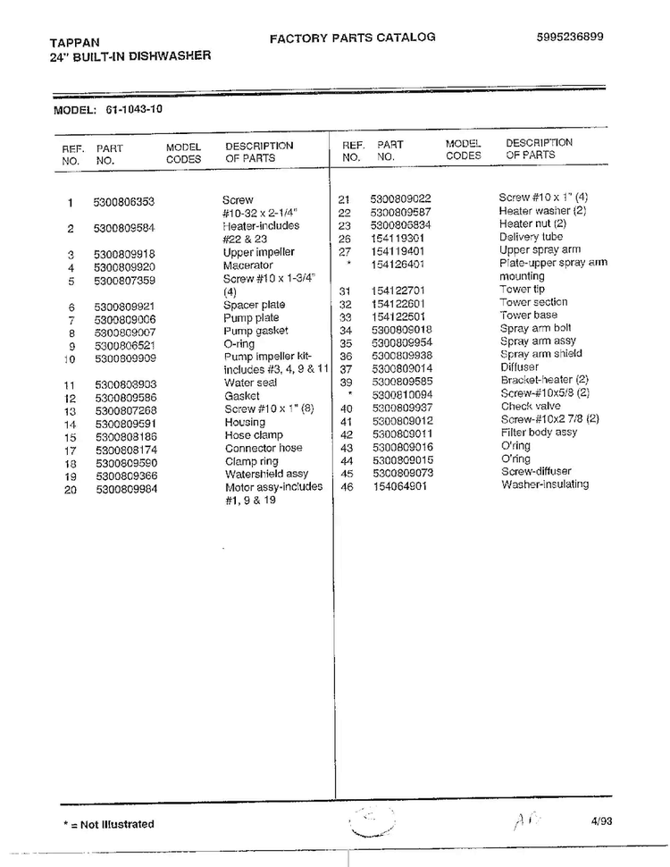 Parts List Diagram and Parts List for 61-1043-10  Frigidaire Dishwasher