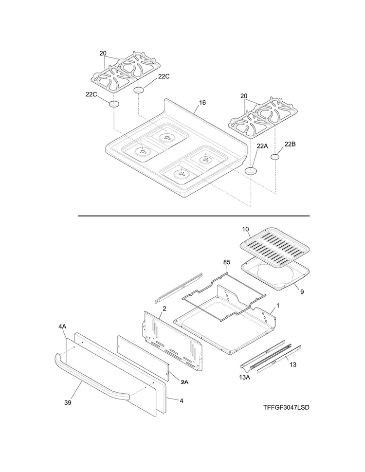 Top/drawer Diagram and Parts List for FFGF3047LSH  Frigidaire Range