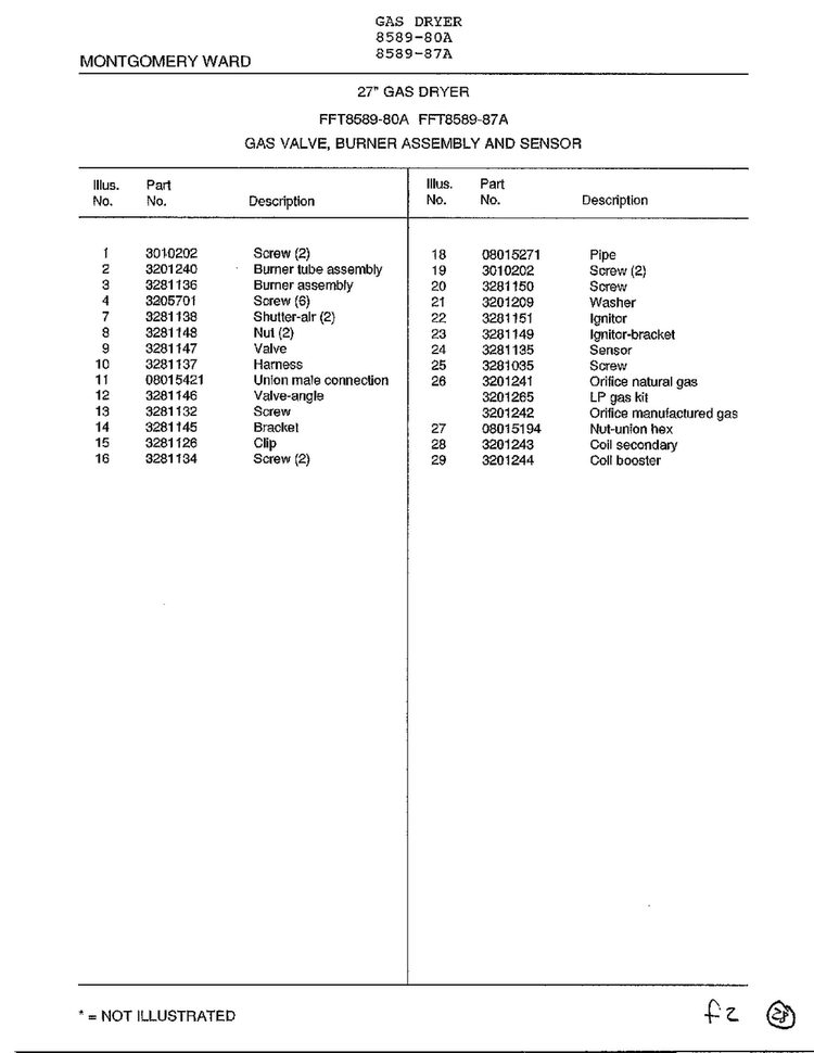 Gas Valve, Burner Assembly And Sensor Page 2 Diagram and Parts List for 8589-87A  Frigidaire Dryer
