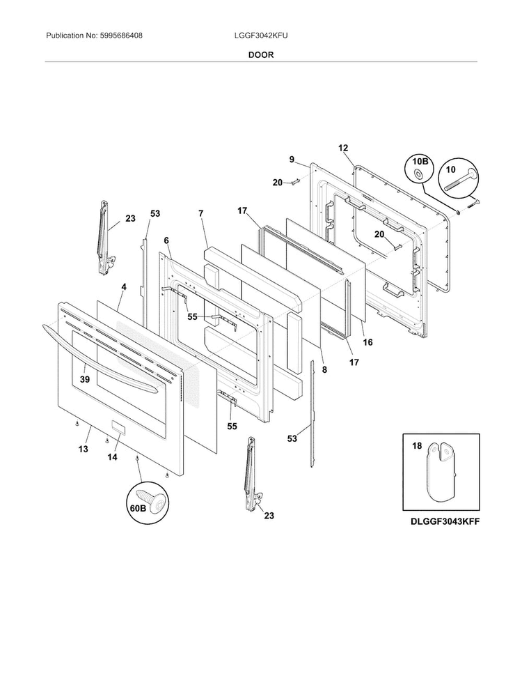 Door Diagram and Parts List for LGGF3042KFU  Frigidaire Range