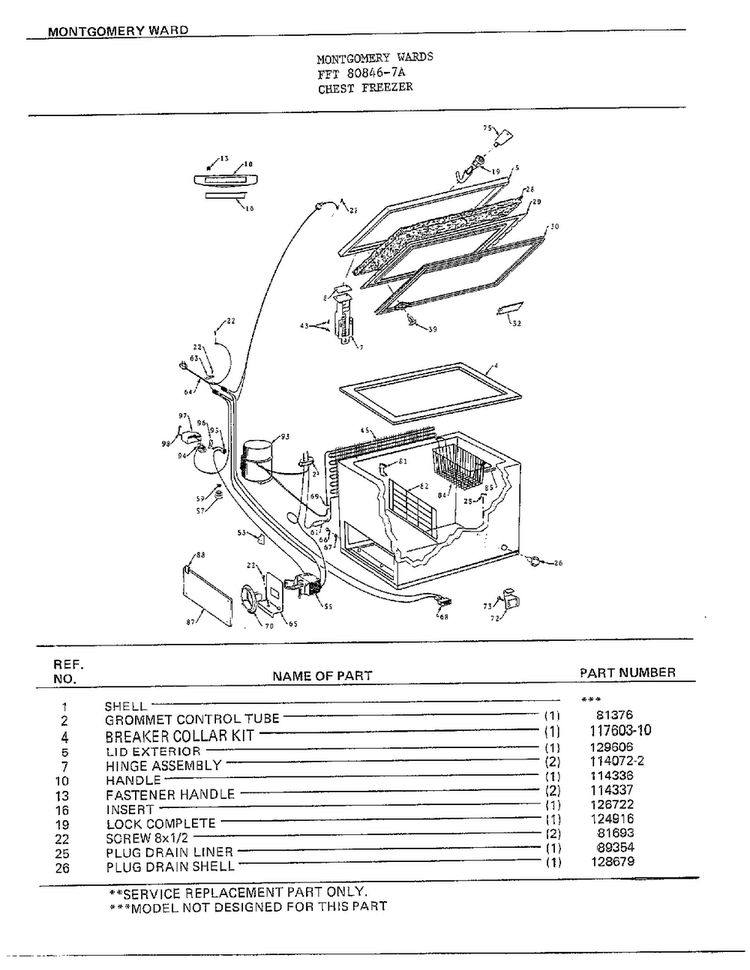 Chest Freezer Diagram and Parts List for 80846-7A  Frigidaire Freezer
