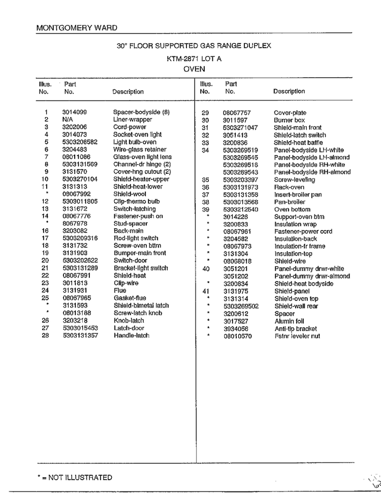 Oven Page 2 Diagram and Parts List for 2871A  Frigidaire Range
