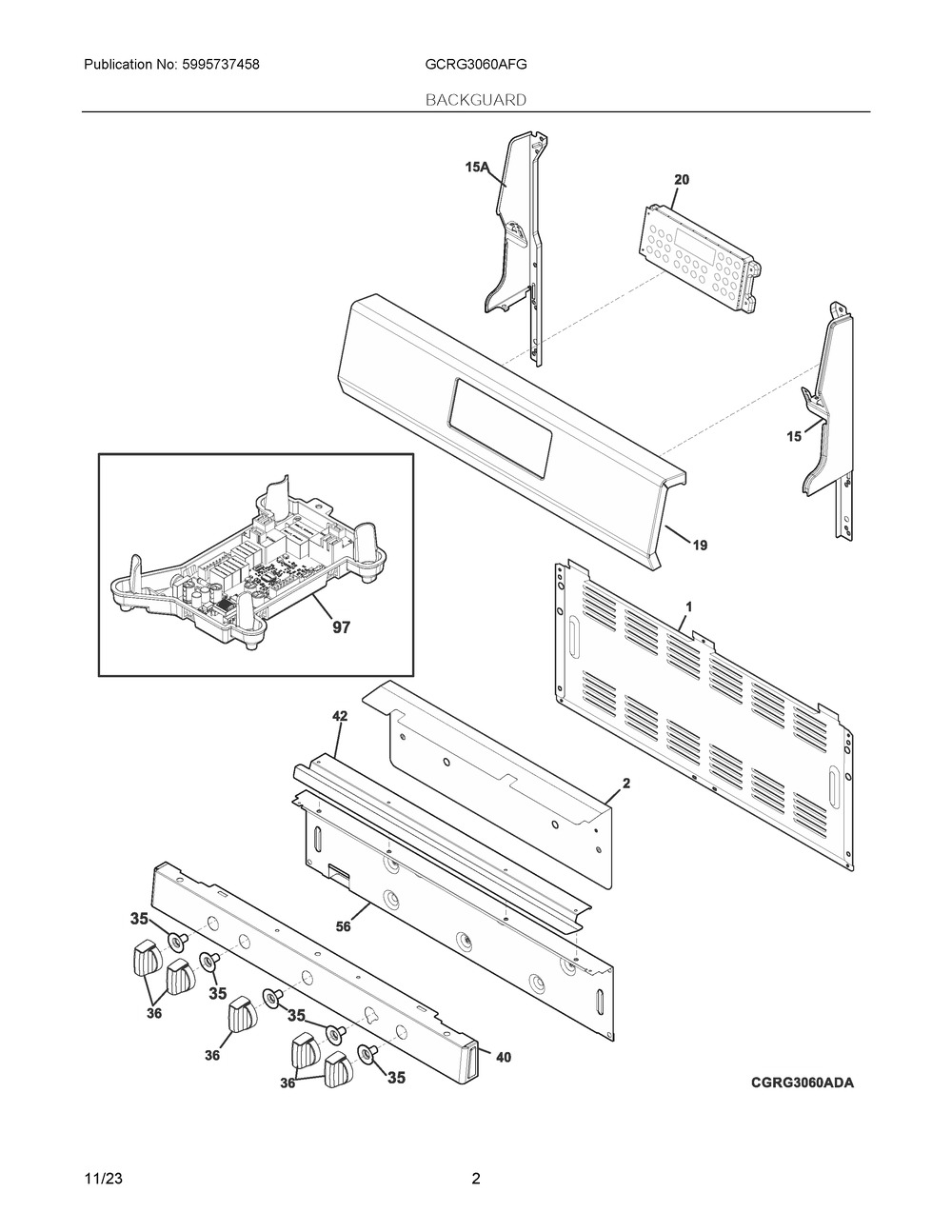 Backguard Diagram and Parts List for GCRG3060AFG  Frigidaire Range