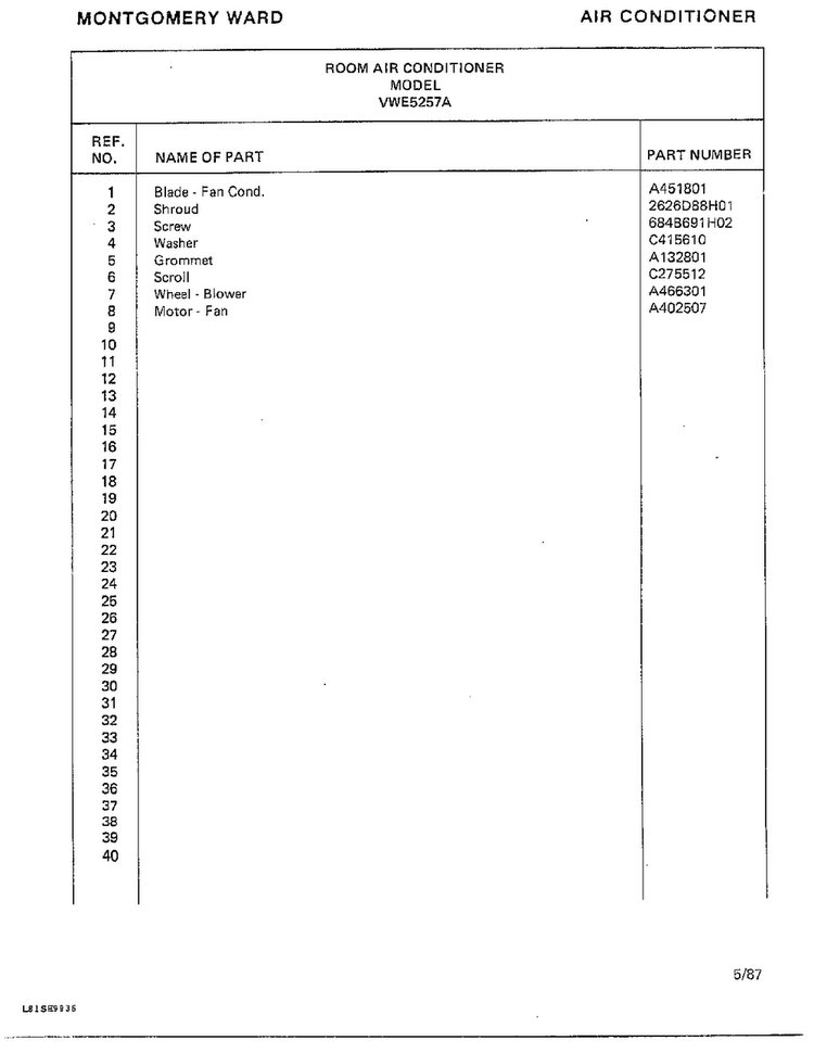 Air Conditioner Page 6 Diagram and Parts List for 5257A  Frigidaire Air Conditioner