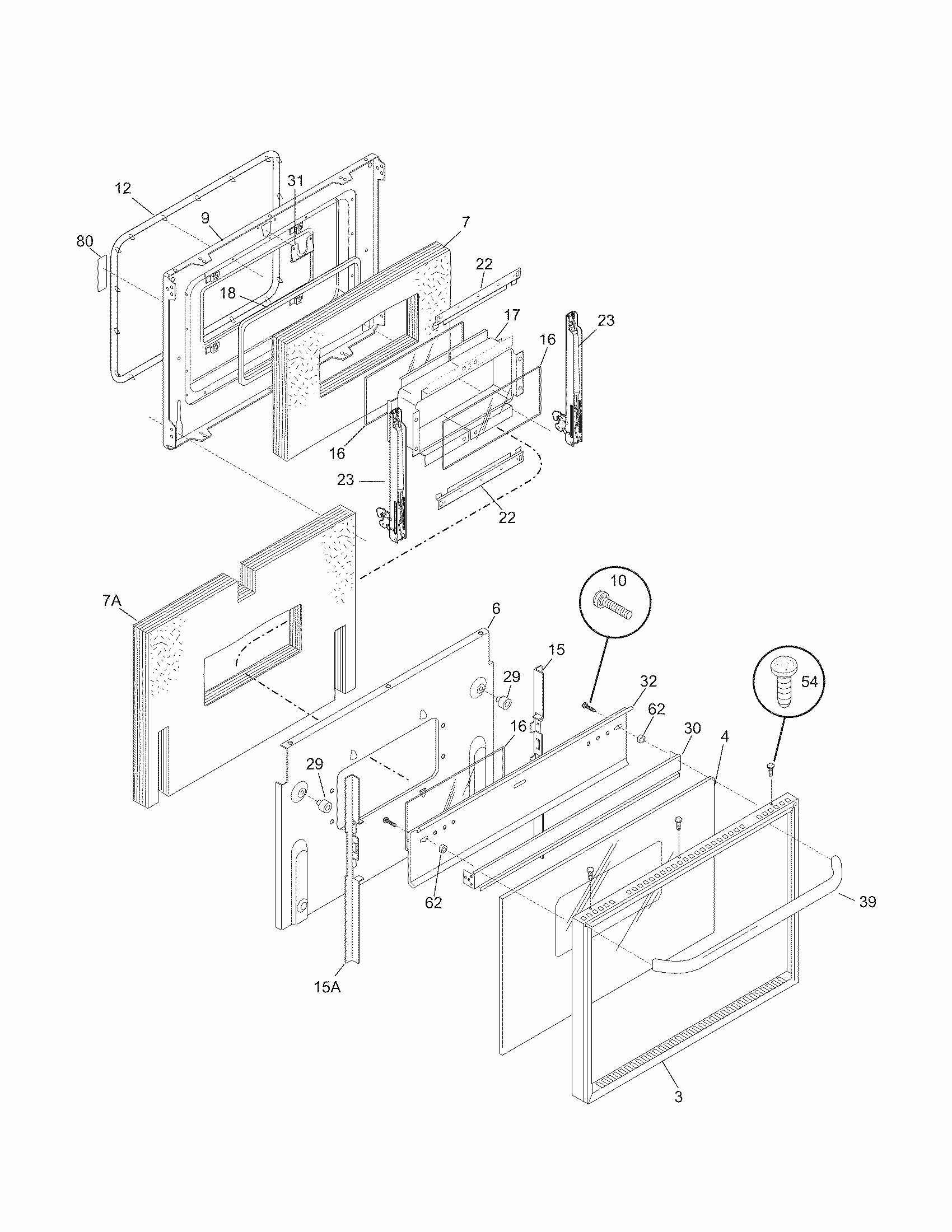 Door Diagram and Parts List for 79090152307  Kenmore Range
