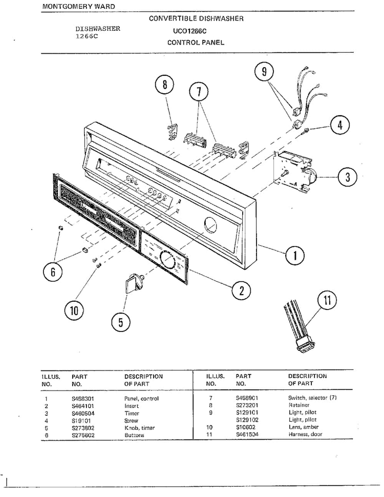 Control Panel Diagram and Parts List for 1266C  Frigidaire Dishwasher