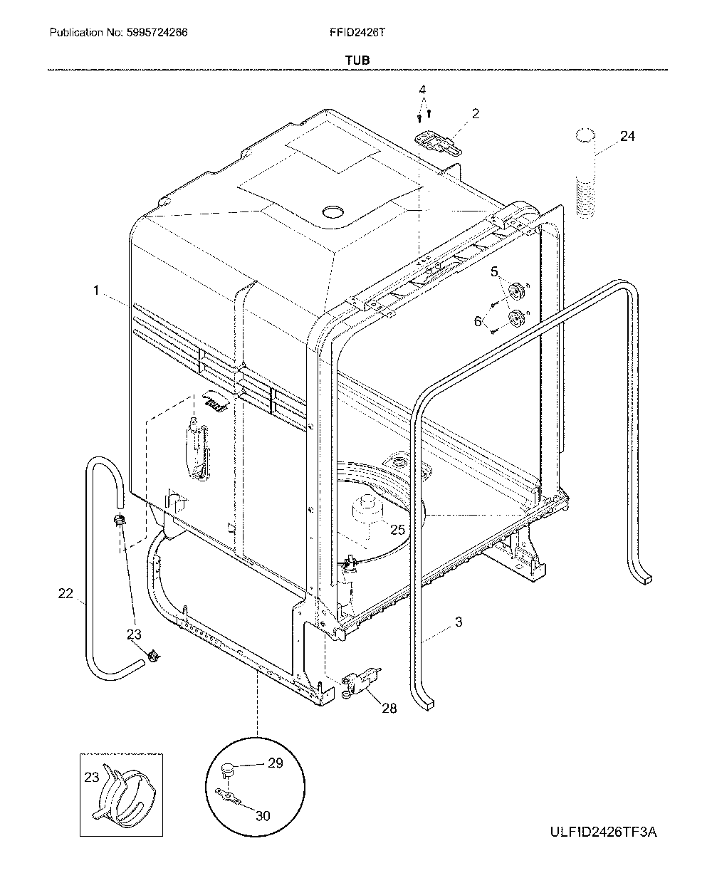 Tub Diagram and Parts List for FFID2426TB3A  Frigidaire Dishwasher