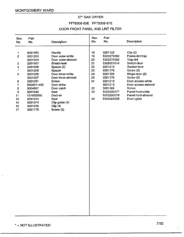 Door Front Panel And Lint Filter Page 2 Diagram and Parts List for 8308-80E  Frigidaire Dryer