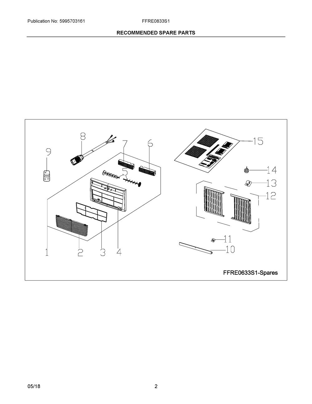 Recommended Spare Parts Diagram and Parts List for FFRE0833S15  Frigidaire Air Conditioner