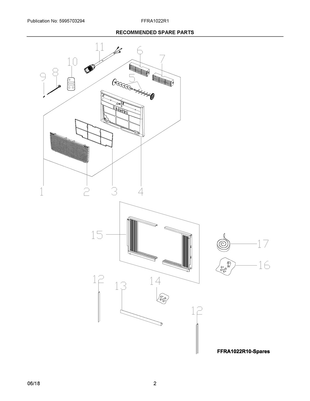 Recommended Spare Parts Diagram and Parts List for FFRA1022R1E1  Frigidaire Air Conditioner