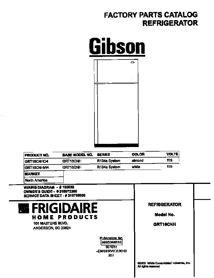 Cover Diagram and Parts List for GRT16CNHW4  Gibson Refrigerator