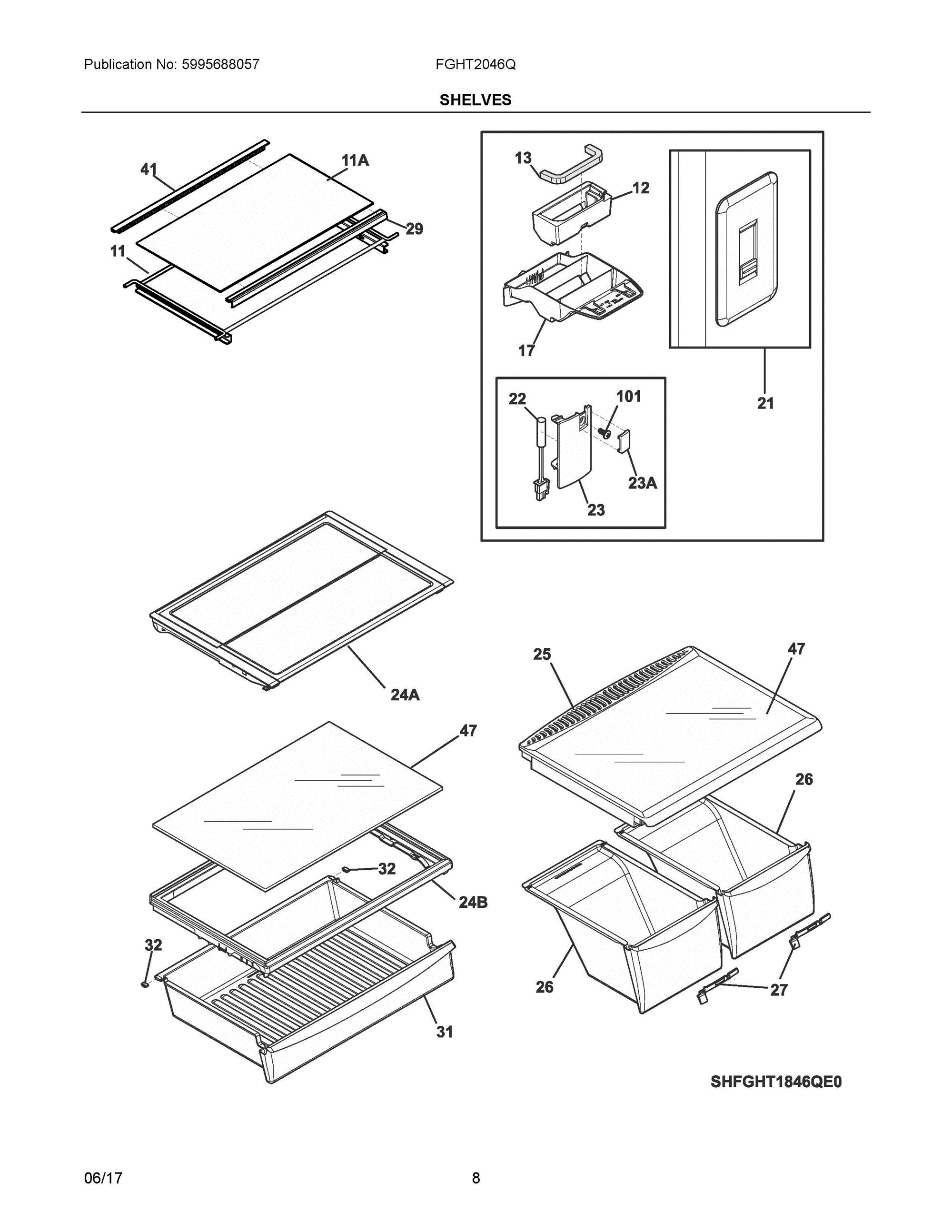 04 - SHELVES Diagram and Parts List for FGHT2046QP2  Frigidaire Refrigerator
