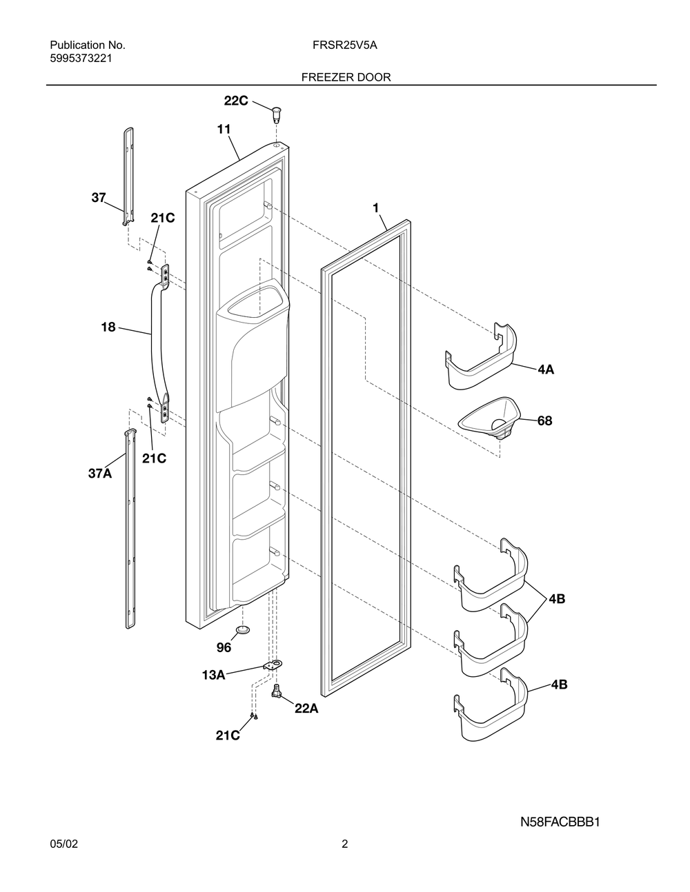 Freezer Door Diagram and Parts List for FRSR25V5AQ1  Frigidaire Refrigerator