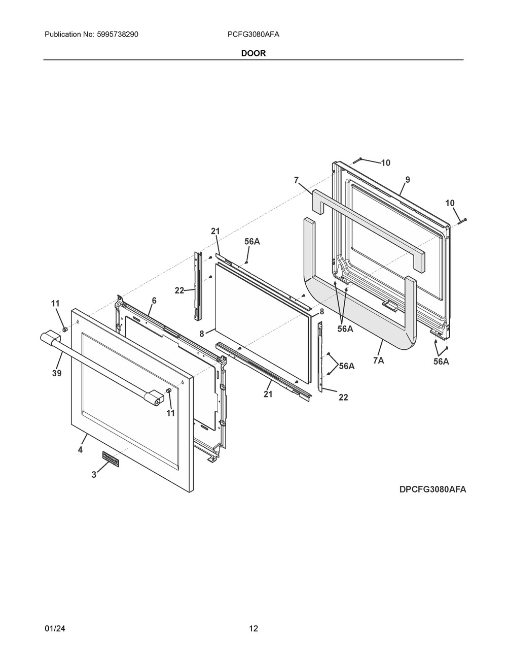 Door Diagram and Parts List for PCFG3080AFA  Frigidaire Range