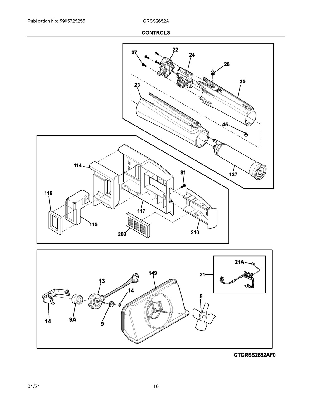 Controls Diagram and Parts List for GRSS2652AF0  Frigidaire Refrigerator