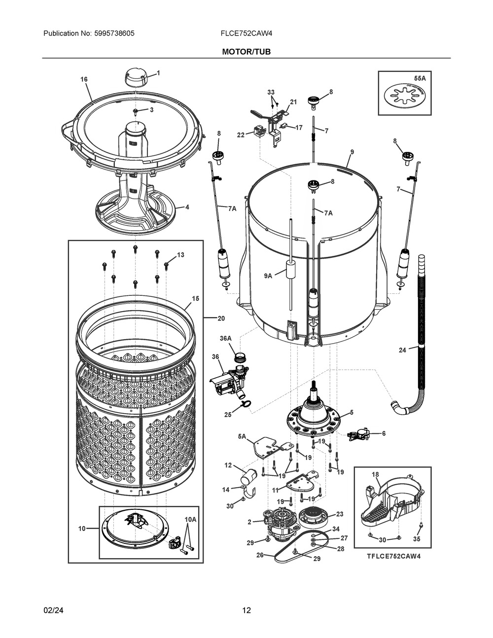 Motor/Tub Diagram and Parts List for FLCE752CAW4  Frigidaire Washer Dryer Combo