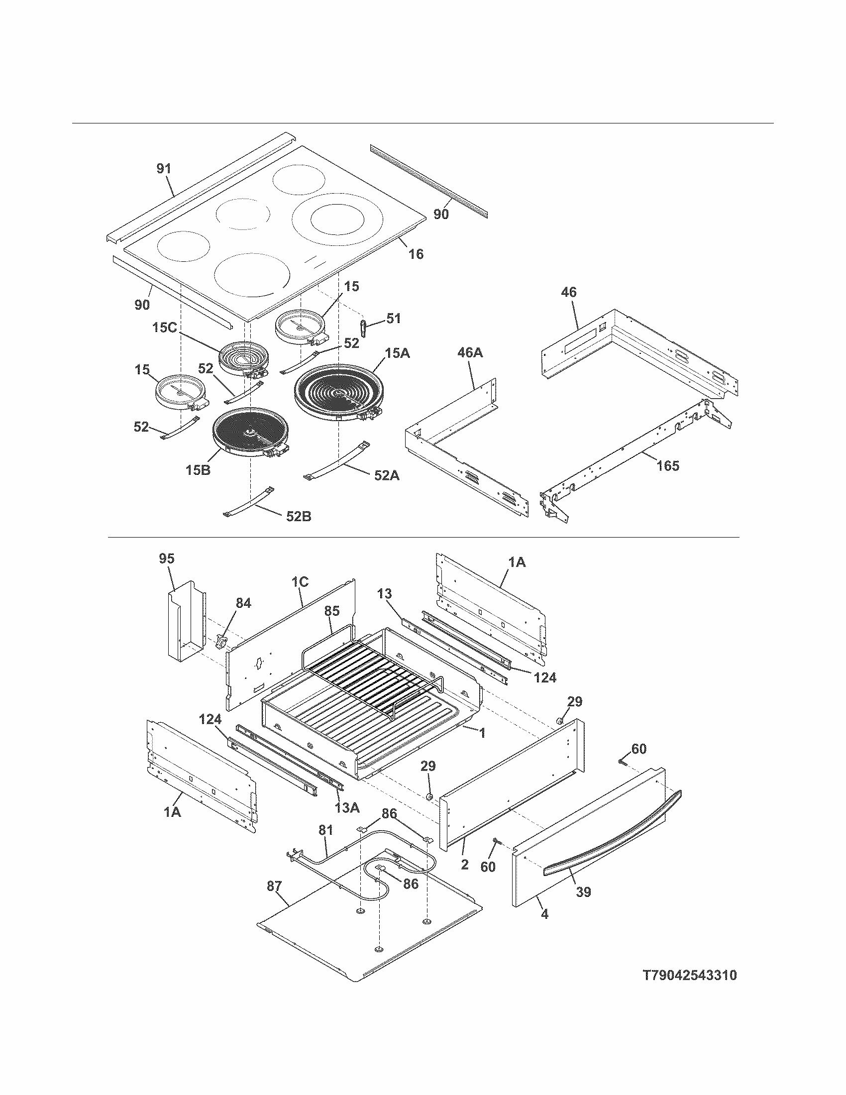Top/drawer Diagram and Parts List for 79042542311  Kenmore Range