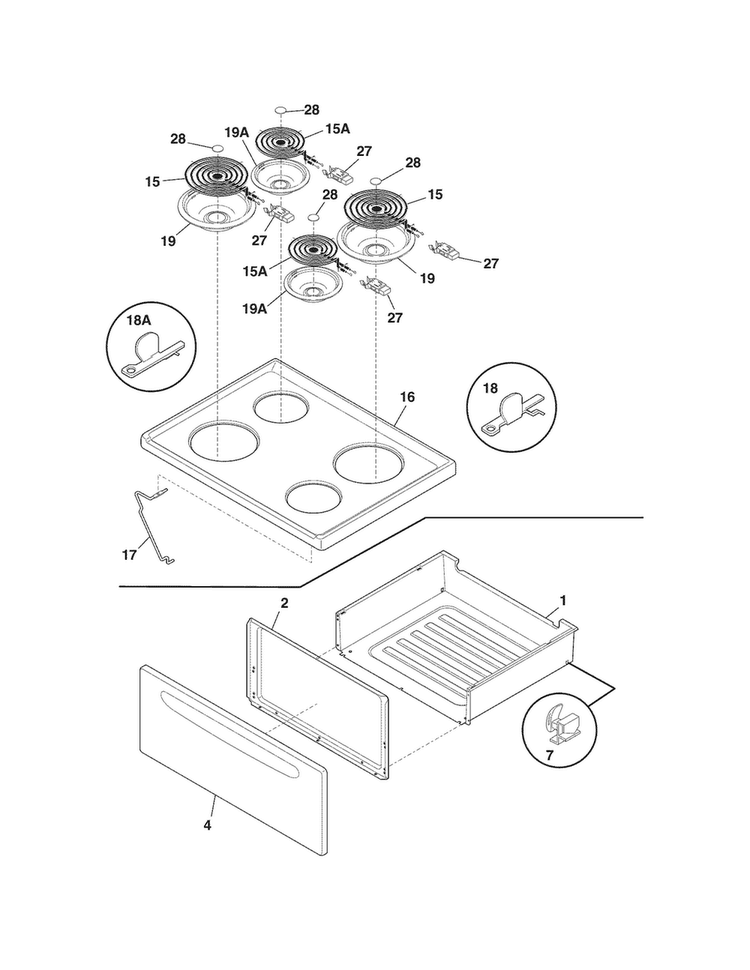 Top/drawer Diagram and Parts List for FEF312BSH  Frigidaire Range