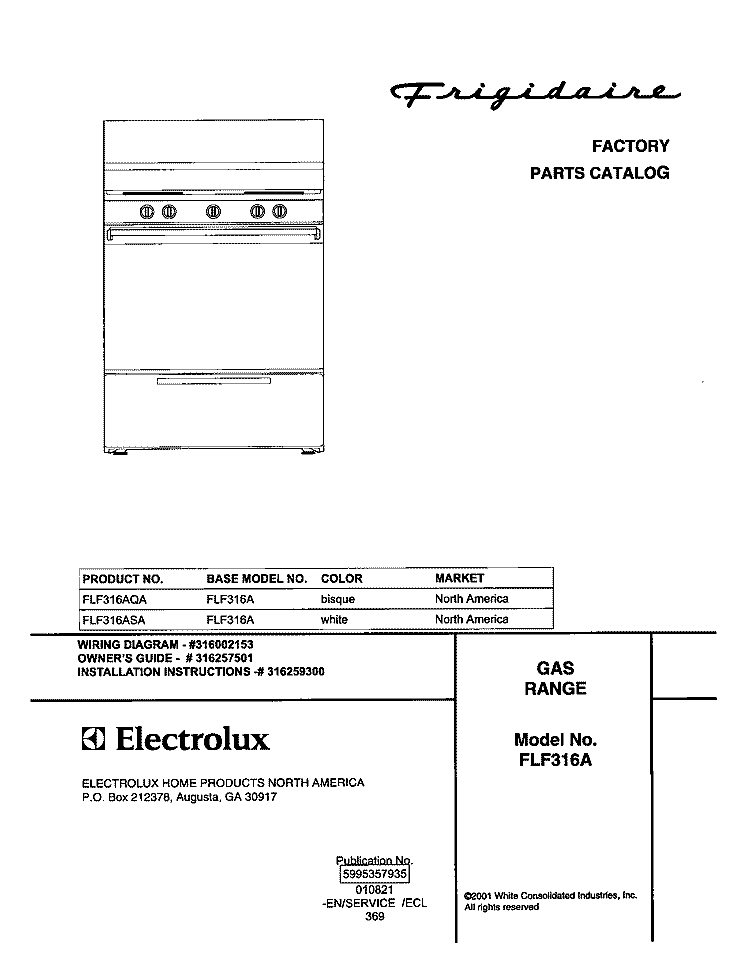 COVER Diagram and Parts List for FLF316AQA  Frigidaire Range