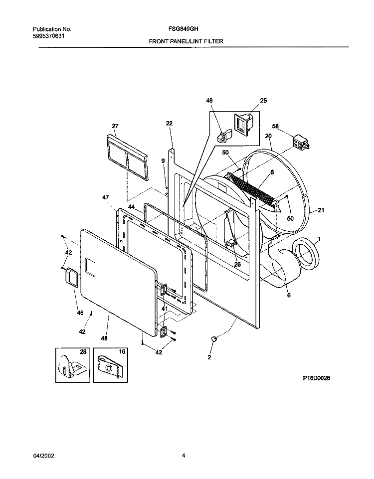 FRNT PNL, DOOR Diagram and Parts List for FSG849GHQ1  Frigidaire Dryer