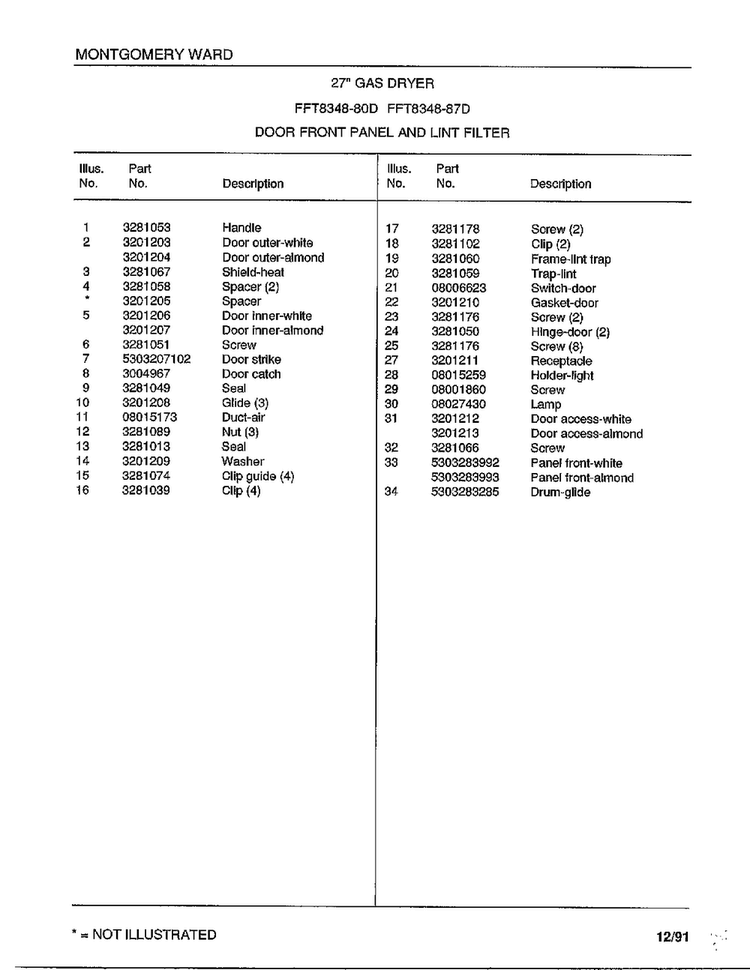 Door Front Panel And Lint Filter Page 2 Diagram and Parts List for 8248-87D  Frigidaire Dryer
