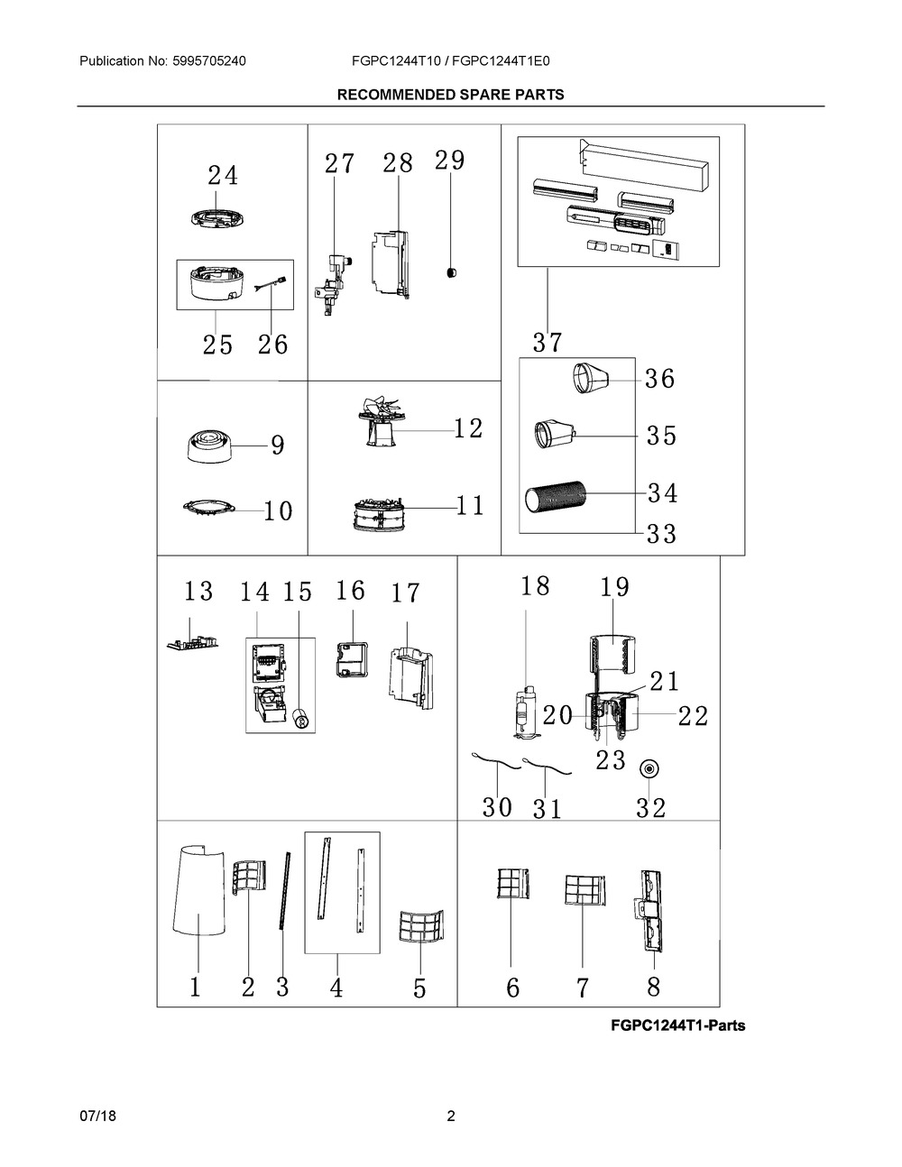 Recommended Spare Parts Diagram and Parts List for FGPC1244T101  Frigidaire Air Conditioner