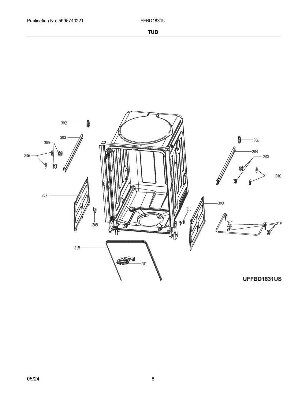 Tub Diagram and Parts List for FFBD1831UW0A  Frigidaire Dishwasher