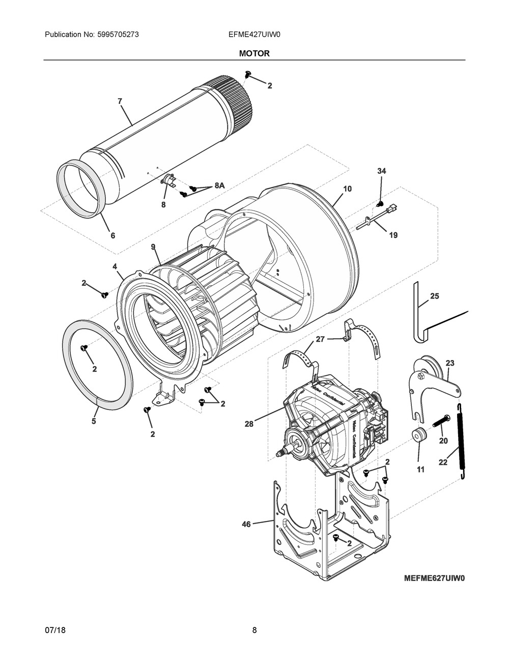 Motor Diagram and Parts List for EFME427UIW0  Frigidaire Dryer