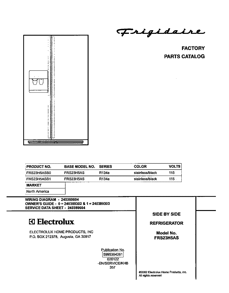 COVER Diagram and Parts List for FRS23H5ASB0  Frigidaire Refrigerator