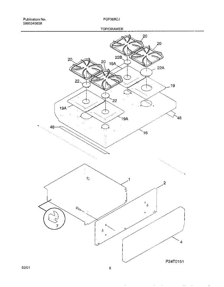 TOP / DRAWER Diagram and Parts List for FGF368CJSA  Frigidaire Range