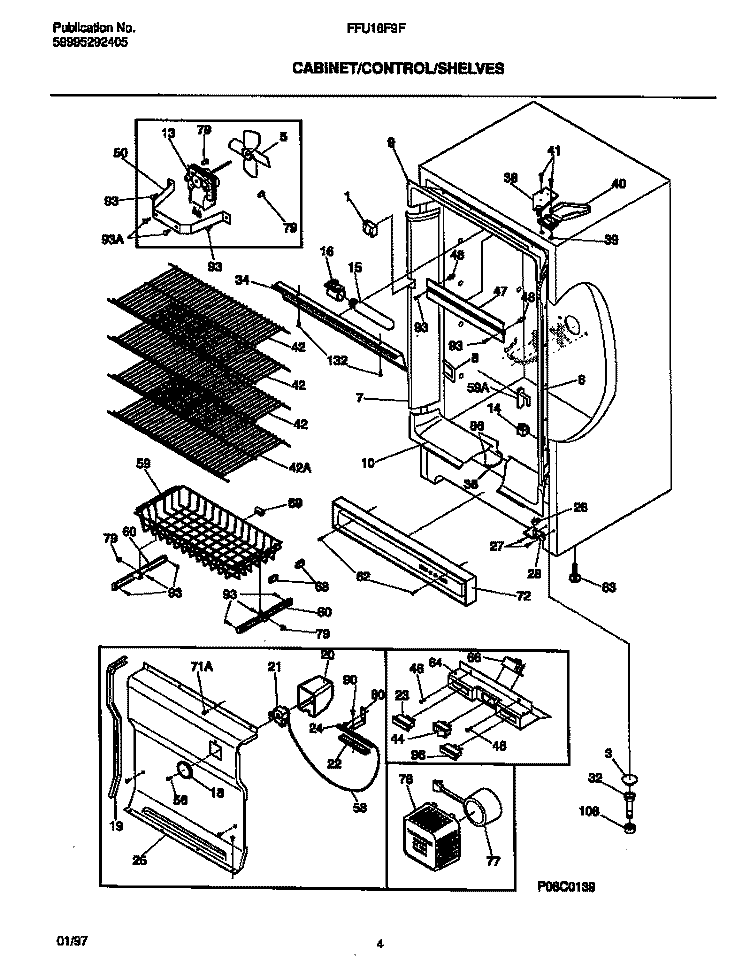 CABINET / CONTROL / SHELVES Diagram and Parts List for FFU16F9FW0  Frigidaire Freezer