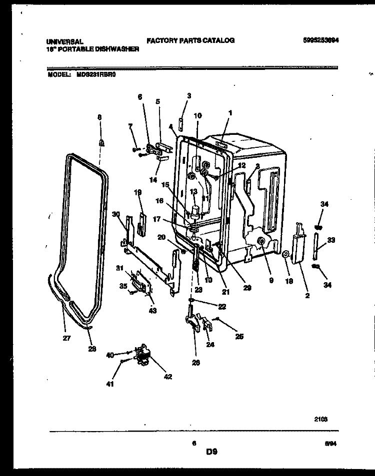 TUB AND FRAME PARTS Diagram and Parts List for MDS231RBR0  Frigidaire Dishwasher